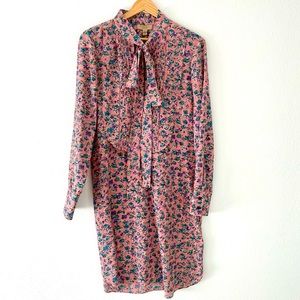 Burberry Silk Long Sleeve Floral Pink Shift Dress Bib Front Tie Neck